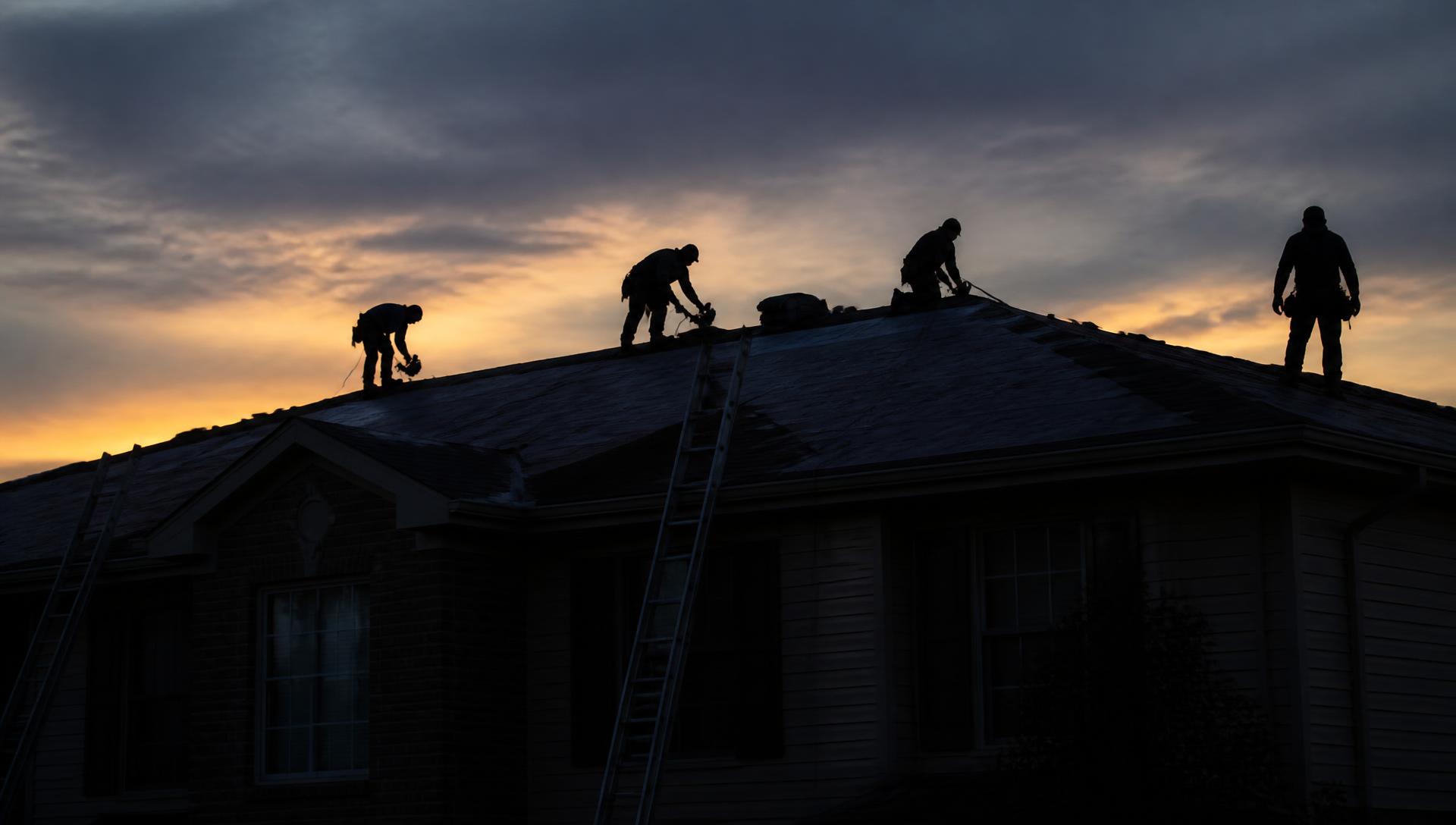 Roofing crew working on a residential roof at dusk