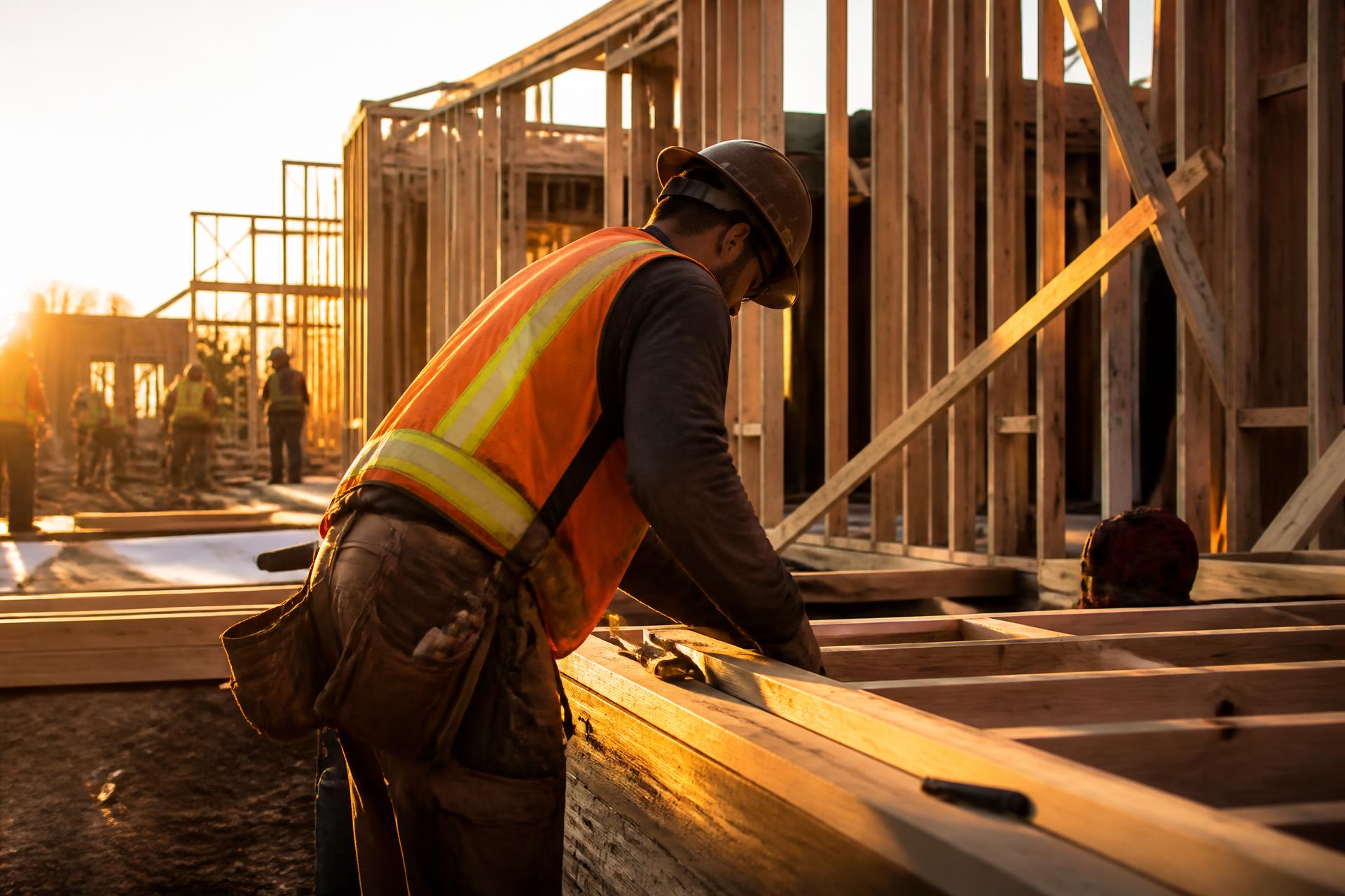 Contractors framing a house on a residential job site at sunset