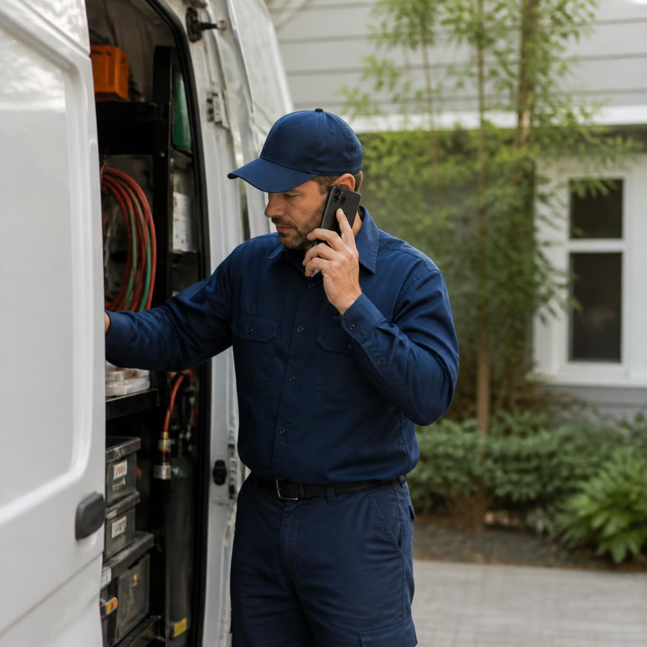 Home service contractor taking a call next to his work van